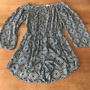 Ava Sky Romper Dress Women S Blue Geometric Tie Waist Pocket Long Sleeve Stretch